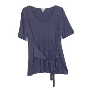 Pure Jill Women's Light Blue Linen Blend Ribbed Short Sleeve Wrap Tie Front PXL